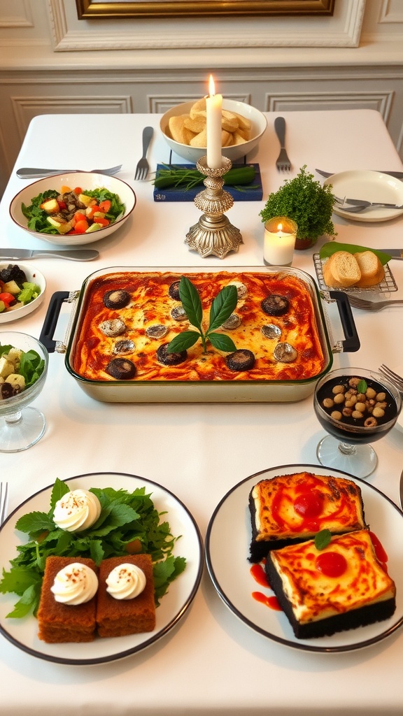 A dinner table featuring a tray of lasagna, salads, garlic bread, and a dessert platter, illuminated by candlelight.